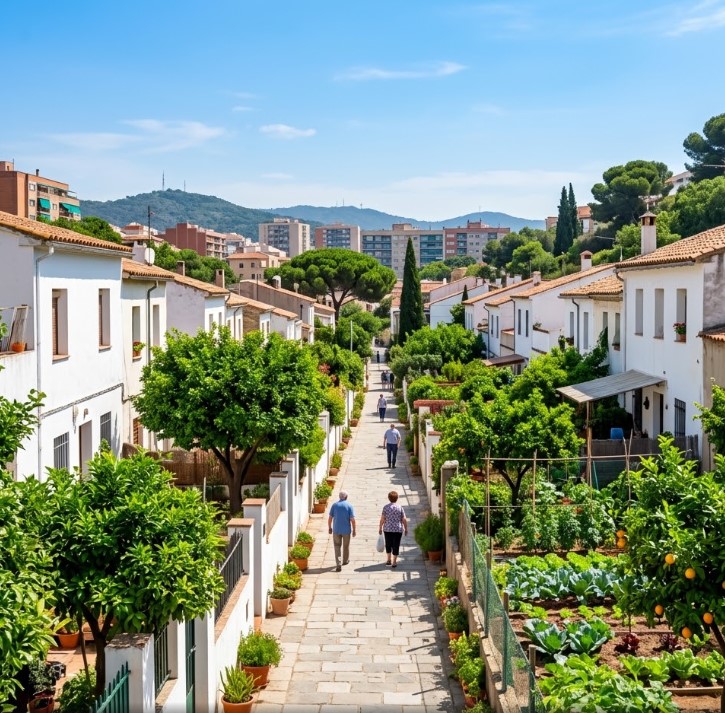 Vistas de las estrechas calles, casas bajas, huertos y naturaleza en La Clota, Barcelona